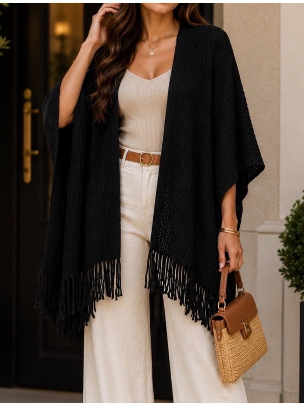 Steve Madden Womens Open Front Poncho Shrug Cardigan OSFM Black Acrylic Fringe